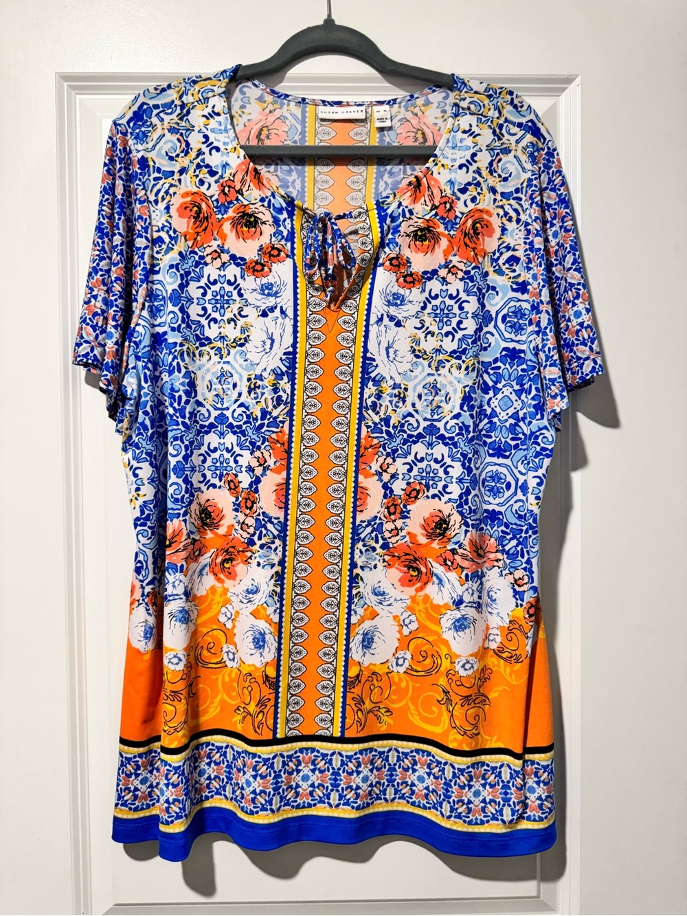 Susan Graver Women's Blue & Orange Floral Split-Neck Top